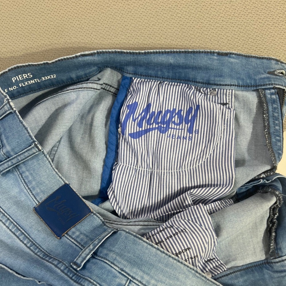 Mugsy Piers Jeans Mens 33x32 Blue Light Wash Stretch Denim Slim Straight FLX3NTL - Picture 5 of 9